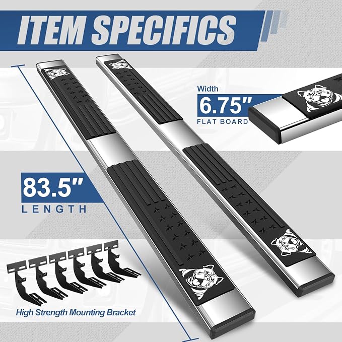 Auto Dynasty Running Boards Compatible with 2009-2023 Dodge Ram 1500 2500 3500 Classic Crew Cab 4-Door, 6.75" Bull Dog Pattern Slip-Resistant Step Pads, Stainless Steel Side Step Nerf Bars