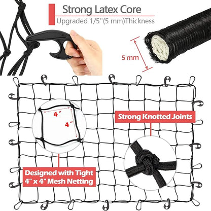 Natural Latex Core Cargo Net for Car SUV Roof Rack | 3'x4' Stretches to 6'x8' Small Bungee Net for Pickup Bed | 12 Carabiners + 12 Hooks | Tight 4”x4” Mesh for Ford, Dodge, Chevy, Toyota