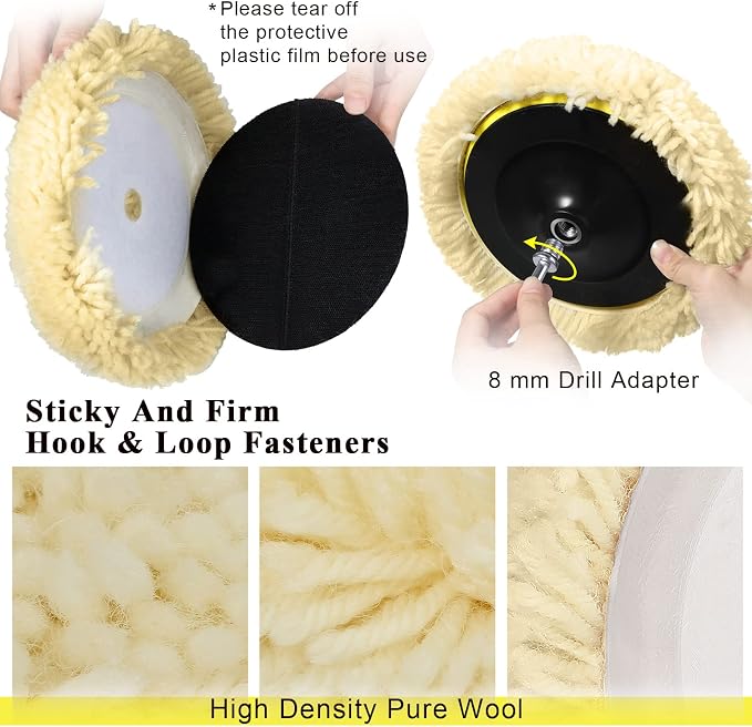 Tallew 6 Pcs 6 Inch Wool Buffing Polishing Pads Hook Loop Cutting Pads with Backing Plate for Car, Boat, Wood, Marble Surface Polishing & Scratch Removal (Original Color)
