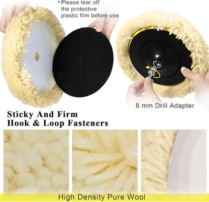 Tallew 6 Pcs 6 Inch Wool Buffing Polishing Pads Hook Loop Cutting Pads with Backing Plate for Car, Boat, Wood, Marble Surface Polishing & Scratch Removal (Original Color)