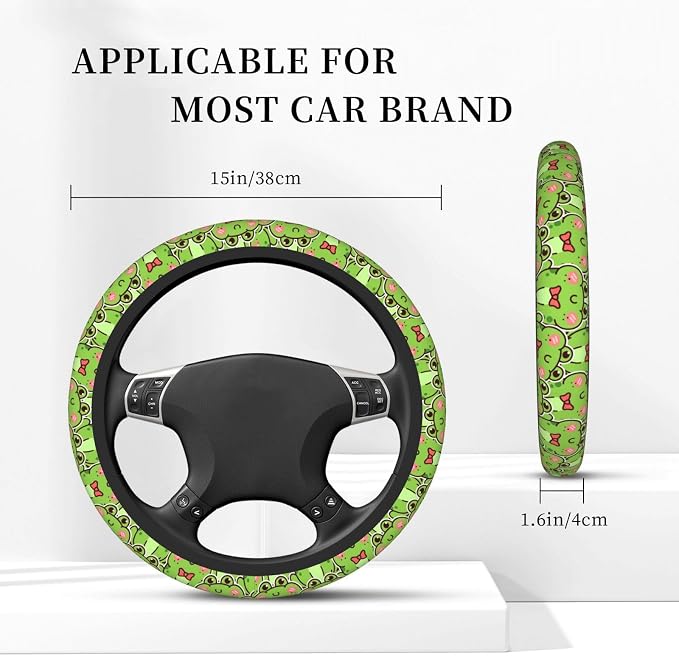 Cute Green Frog Steering Wheel Cover for Women,Universal Auto Steering Wheel 14-15 Inch Car Interior Accessories with 2PCS Car Coasters,Suitable for Men and Women