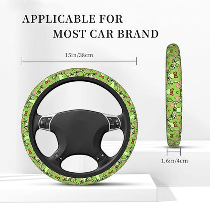 Cute Green Frog Steering Wheel Cover for Women,Universal Auto Steering Wheel 14-15 Inch Car Interior Accessories with 2PCS Car Coasters,Suitable for Men and Women