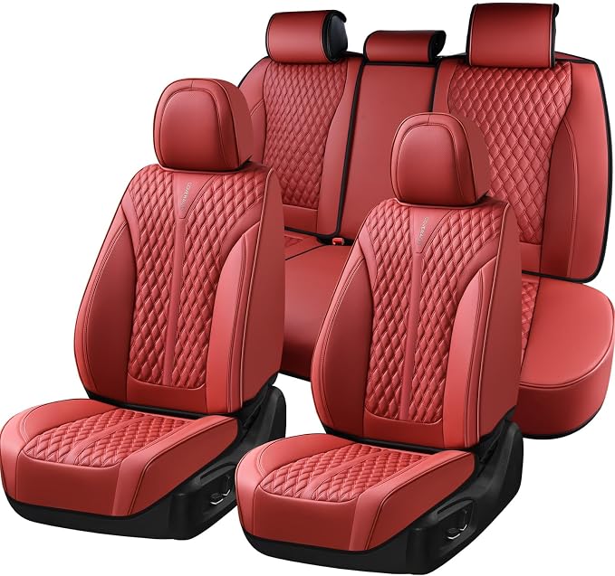 Coverado Car Seat Covers Full Set, Red Car Seat Cover, Luxury Leather Seat Covers for Cars, Waterproof Front and Back Car Seat Protector, Car Seat Cover Universal Fit for Most Cars