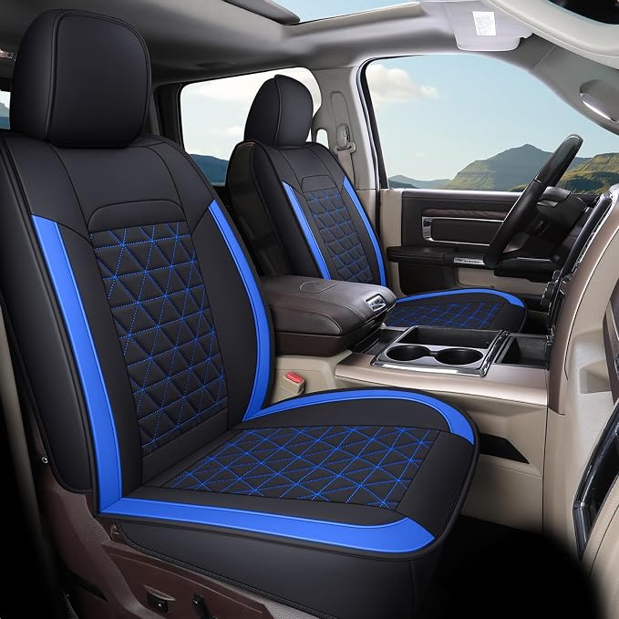 Coverado RAM Seat Cover Full Set, Leather Seat Covers Fit for Dodge RAM 1500, Truck Seat Covers Custom Fit for 2002-2026 Dodge RAM 1500 2500 3500 Crew Quad Cab with Curved Bench, Blue