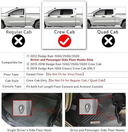 YITAMOTOR Floor Mats Fit for 2013-2018 Dodge Ram 1500/2500/3500 Crew Cab, 2019-2024 Ram 1500 Classic Crew Cab 1st & 2nd Row All Weather Heavy Duty Floor Liners Black