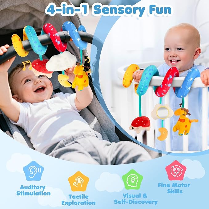 URMYWO Spiral Car Seat Toys for Babies 0-6 Months, Newborn Toys & Infant Toys, 3 Month Baby Toys, Toddler Travel Toys, Sensory Hanging Stroller Toy with Crinkle Mirror, Shower Gifts Essentials