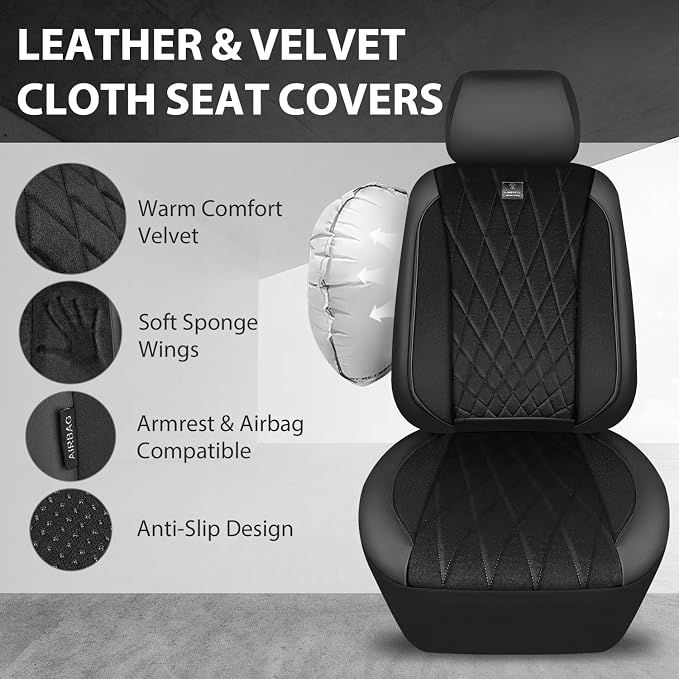 CAR PASS Luxury Faux Leather Car Seat Covers Front Seats, Breathable Soft Velvet Premium Automotive Seat Covers 2 Pack, Armrest Airbag Compatible Universal Fit for Most Sedan SUV Van Truck, Black