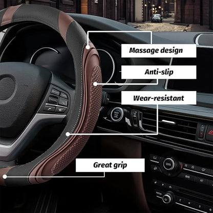 Osilly 15 Inch Car Leather Steering Wheel Cover, Automotive Accessories Elastic Breathable Anti-Slip Soft Wheel Protector Fits Men and Women, Suitable for SUVs, Trucks, Vehicles and RVs (Coffee)