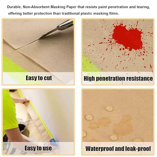 Pre-Taped Masking Paper with Dispenser - 12" x 50' Painters Paper and Tape for Painting House, Furniture, Cars Auto Body (1 Dsp 1Tape 2 Refills: 12" x50')