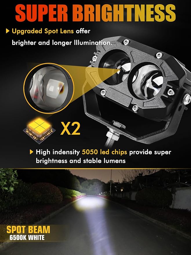 MAYELLO 4 Inch Square LED Pods - 60W White Spot Beam Off Road & Fog Lights - 6500K 10000LM IP68 - Compatible with Jeep Wrangler, Truck, Pickup, ATV, UTV, SUV, Car, Boat