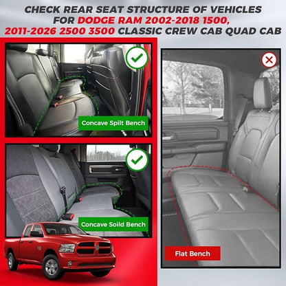 FREESOO Car Seat Covers Full Set for Dodge Ram 2002-2018 1500 & 2011-2026 2500 3500 Crew Quad Cab, 2019-2024 Ram 1500 Classic Leather Seat Cover, with Curved Bench, Black Grey