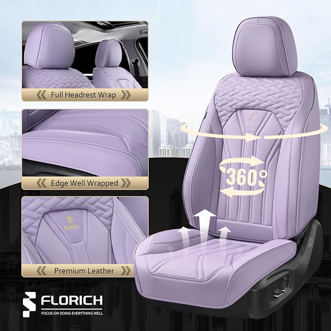 FLORICH Leather Seat Covers Full Set Purple Car Seat Cover Full Coverage Seat Covers Front Seats and Rear Waterproof Car Seat Cushion Protector Universal Fit for Most Cars Trucks SUVs