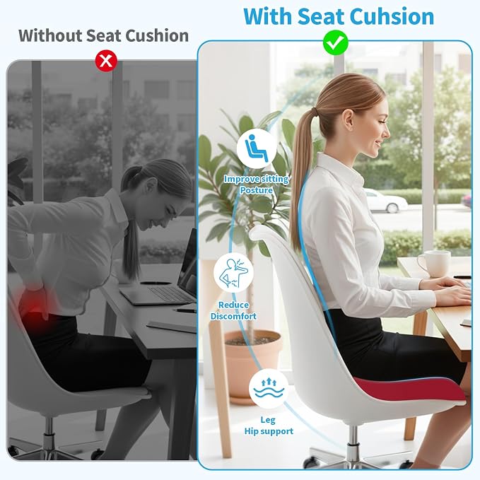 TranquilRelax 2XL Seat Cushion, Memory Foam Cushion for Long Sitting Hours on Office Chair, Car Seat, Non-Slip Chair Pad for Sciatica, Coccyx, Tailbone Pain Relief & Post-Surgery Recovery (Red)