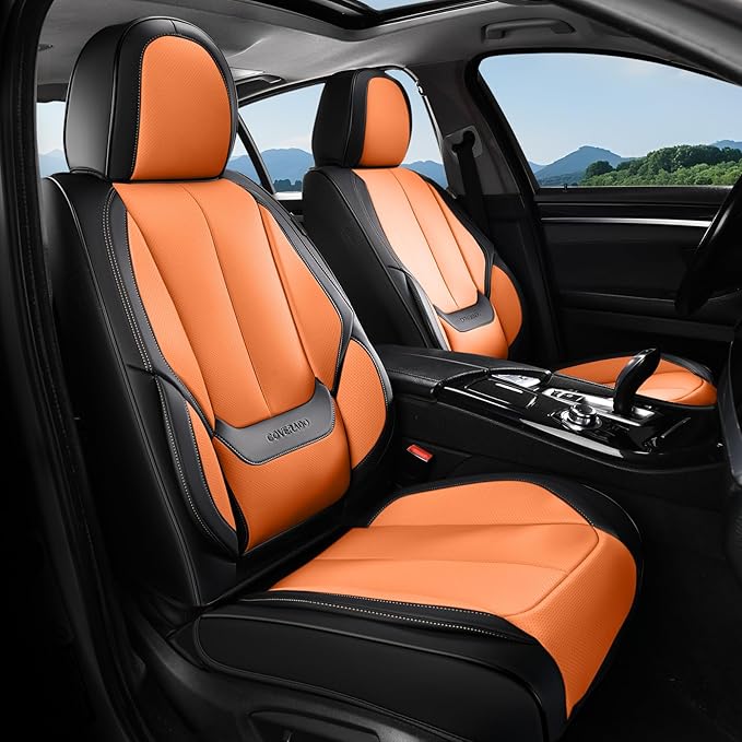 Coverado Seat Covers, Car Seat Covers Front Seats, Leather Seat Covers for Cars, Car Seat Protector Waterproof, Black Car Seat Cushion, Front Carseat Cover Universal Fit for Most Cars Orange