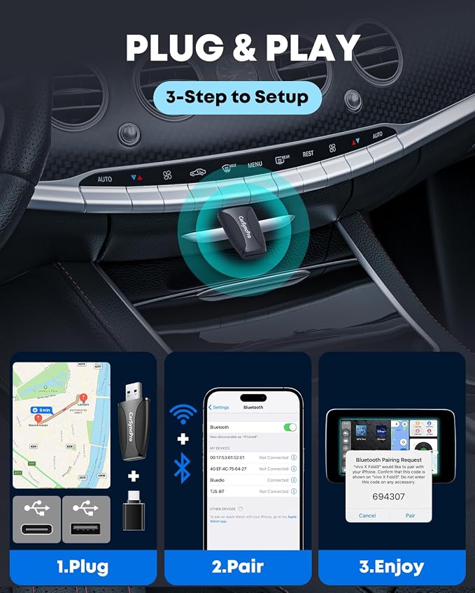 Wireless CarPlay & Android Auto Adapter - Fast & Stable Connection, Plug & Play, Universal Fit for iOS 10+/Android 11+, Transform Your Wired System to Wireless with Type-C/USB-A for 800+ Cars (2016+)