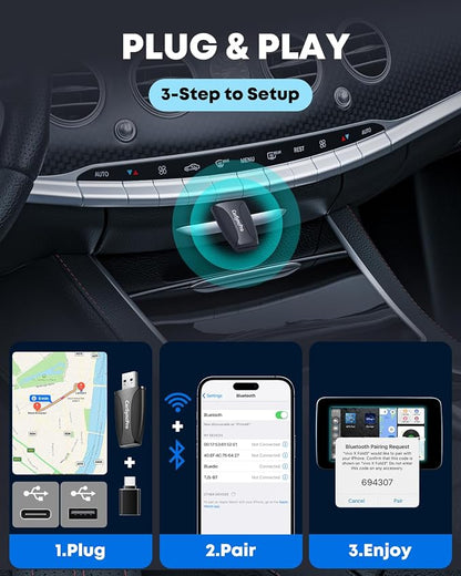 Wireless CarPlay & Android Auto Adapter - Fast & Stable Connection, Plug & Play, Universal Fit for iOS 10+/Android 11+, Transform Your Wired System to Wireless with Type-C/USB-A for 800+ Cars (2016+)