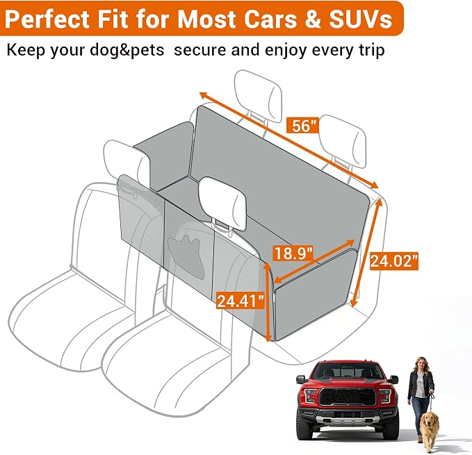 Meginc Dog Car Seat Cover for Back Seat, 56" Waterproof Dog Car Hammock with Mesh Window and Side Flaps, 600D Oxford Fabric Pet Seat Protector for Cars, SUVs & Mid-Size Trucks, Black