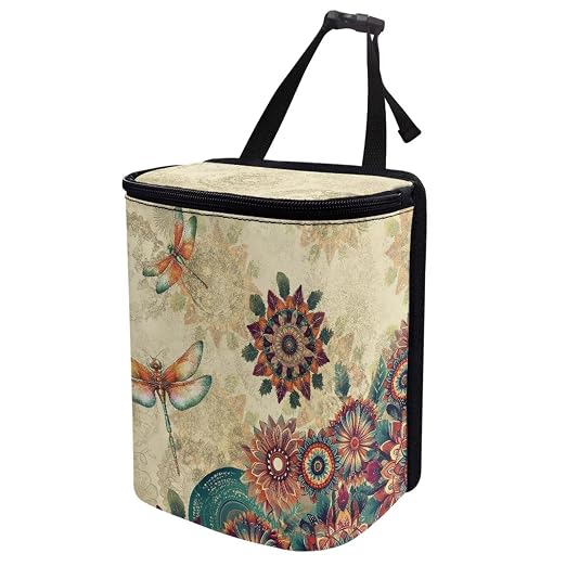 Talayituse Vintage Boho Mandala Dragonfly Print Car Trash Bin, Large Size Auto Trash Can Adjustable Portable Garbage Can with Lid, Vehicle Hanging Bag for Headrest Front Back Seat