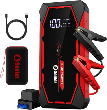 Jump Starter, 5000A Battery Jumper Starter Portable, Car Battery Jump Starter, Power Booster Pack 12V Lithium Jump Box with Jumper Cable and LED Lights (All Gas / 12L Diesel Engines)