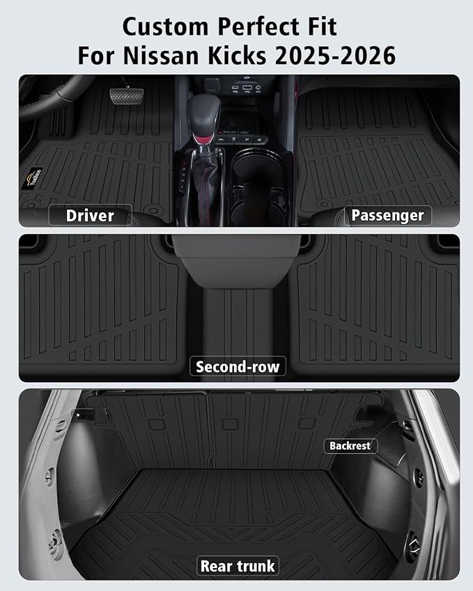 Floor Mats Custom for Nissan Kicks 2025 2026 SV/SR (Not for S) Cargo Liner with Backrest Mat All Weather TPE Rubber Full Set Floor Liners Trunk Mat for Kicks Automotive Accessories, Black