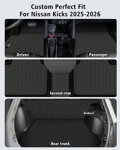 Floor Mats Custom for Nissan Kicks 2025 2026 SV/SR (Not for S) Cargo Liner with Backrest Mat All Weather TPE Rubber Full Set Floor Liners Trunk Mat for Kicks Automotive Accessories, Black