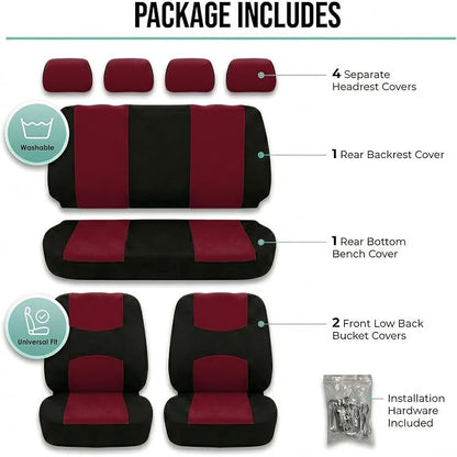 FH Group Bright Flat Cloth Full Set Car Seat Covers, Burgundy/Black- Fit Most Car, Truck, SUV, or Van