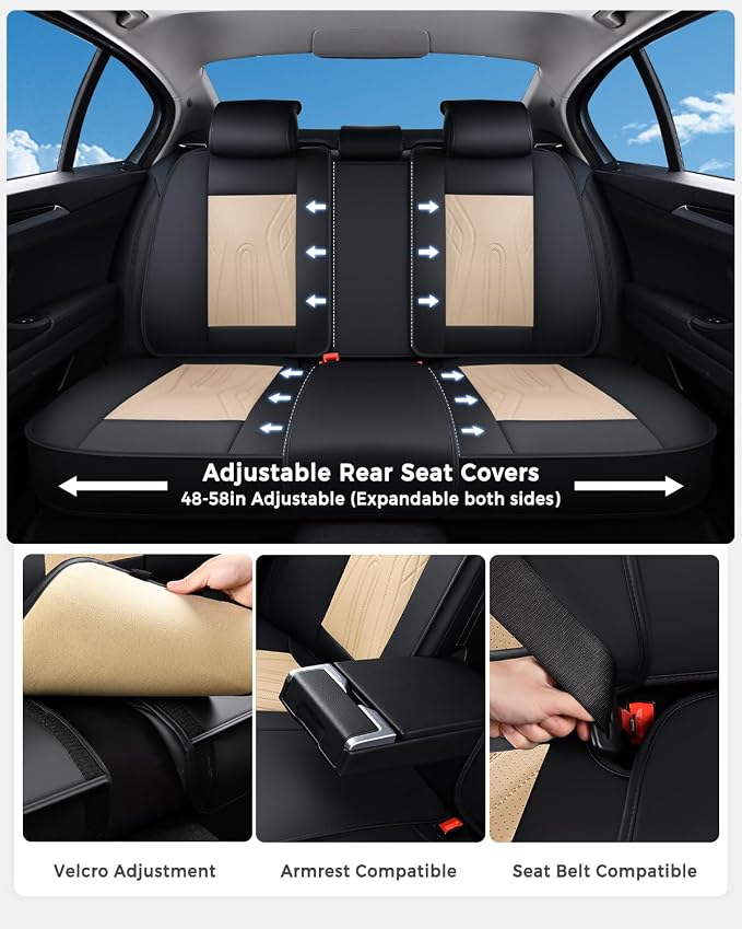 Huidasource Car Seat Covers Full Set, Universal Fit for Most Cars SUV Trucks, Full Coverage Nappa Leather Seat Cover, Airbag, Cupholder Compatible, Velcro Adjustable,Seat Function Retain, Black&Beige