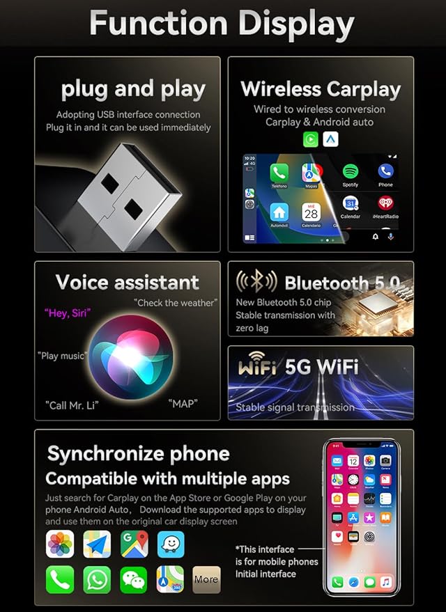 Wireless CarPlay Adapter for iPhone & Android Auto Adapter, Convert Wired to Wireless, Plug & Play, Auto Connect, USB Port Easy Use for Cars from 2016+