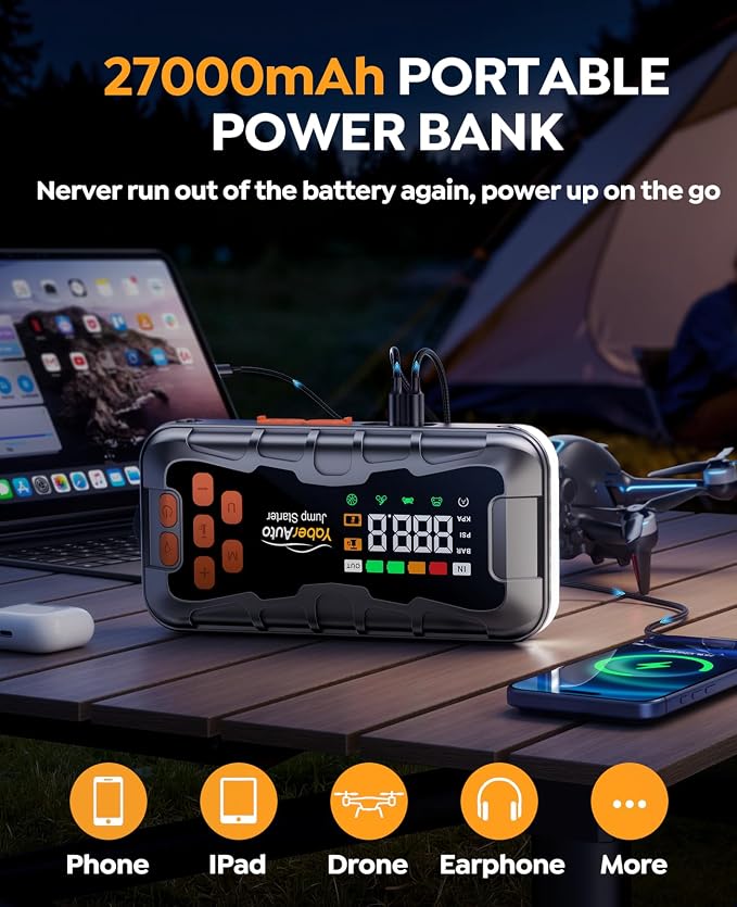 YaberAuto 16-in-1 Jump Starter with Air Compressor 8000A 160PSI Car Battery Jump Starter (All Gas/14L Diesel) 12V Jump Box Car Battery Jumper Starter Portable Jumper Cables, Emergency Tool Kit, Gloves
