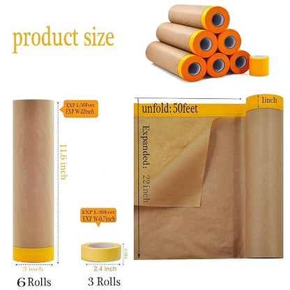 Pre-Taped Paint Masking Paper and Masking Tape Sets, 22inch-50feet Painters Paper and Painters Tape, Automotive Paint Paper, Tape and Drape Waterproof for Painting Protection Covering (6)
