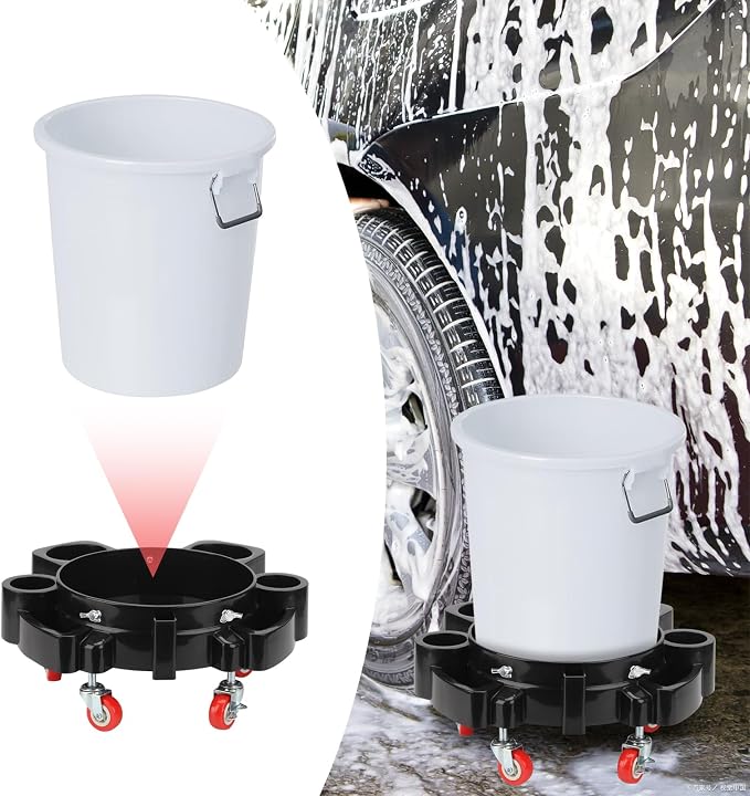 5 Gallon Removable Rolling Bucket Dolly with 5 Swivel Wheel Casters, Car Wash Bucket Roller Car Wash Detailing Bucket Dolly Round Plastic Dollies for Car Wash System Garage Flowerpot, Black