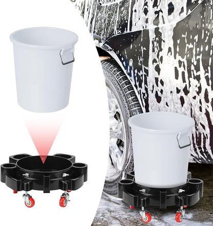 5 Gallon Removable Rolling Bucket Dolly with 5 Swivel Wheel Casters, Car Wash Bucket Roller Car Wash Detailing Bucket Dolly Round Plastic Dollies for Car Wash System Garage Flowerpot, Black