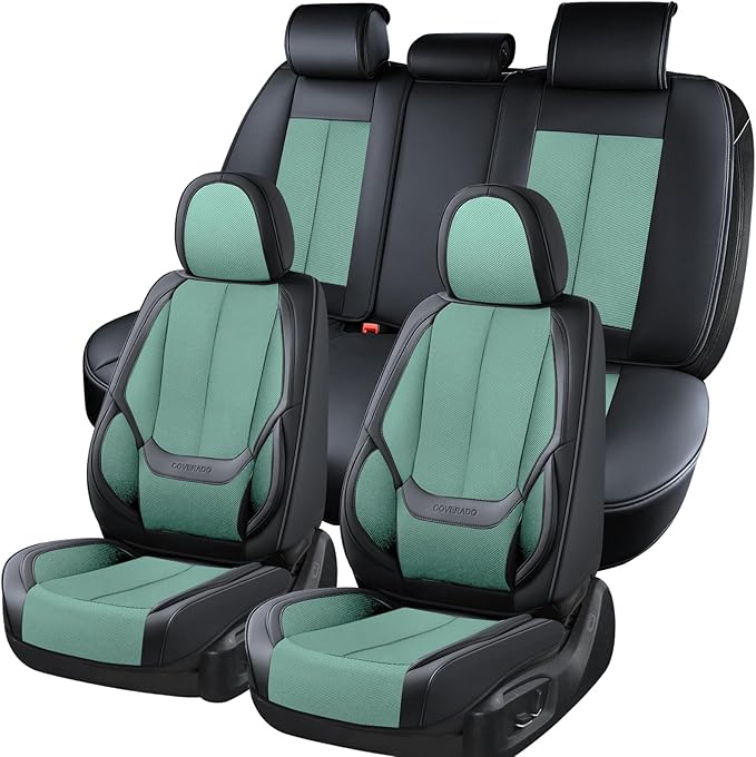 Coverado Seat Covers Full Set, Car Seat Covers Front Seat and Back Seat, Breathable Fabric&Leather Car Seat Protectors, Universal Seat Covers for Cars, Compatible with Most Cars (Green, FullSet)