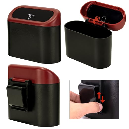 Ginsco Mini Car Trash Can with Lid, Small Car Garbage Can, Cute Leakproof ABS Car Trash Bin, Car Accessories for Interior, Garbage Bin for Car, Home, Office with 120pcs Trash Bags Black/Red