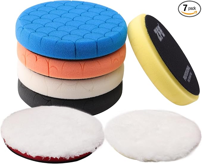 Buffing Polishing Pads, 7Pc 7.5 Inch Face for 7Inch 180mm Backing Plate Compound Buffing Sponge Pads Cutting Polishing Pad Kit for Car Buffer Polisher