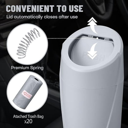 Car Trash Can Bin with Lid - Car Garbage Can Cup Holder - Grey Mini Leakproof Vehicle Garbage Bin with 20pcs Trash Bags-Automotive Organizers and Storage for Front Back Seat Accessories
