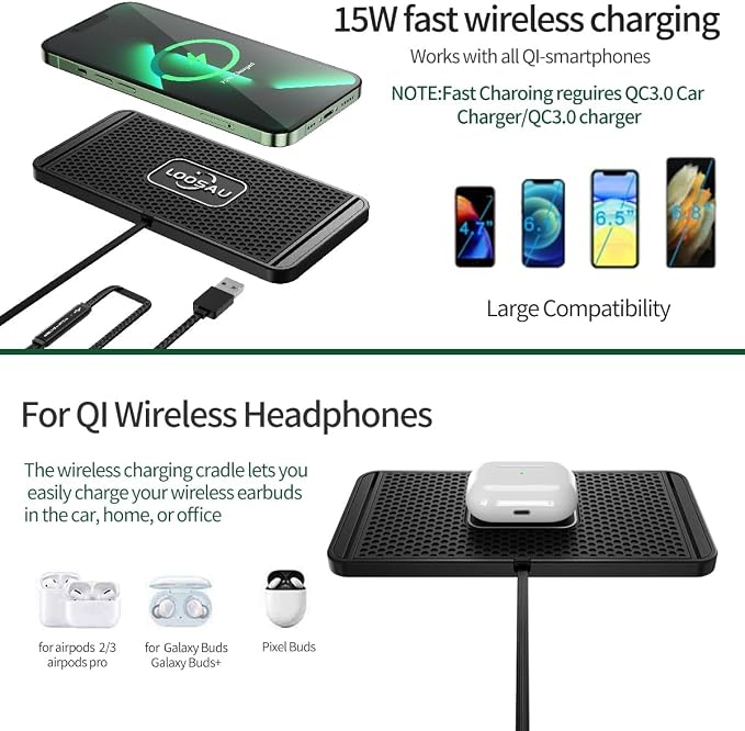 Wireless car Charger Charging pad 15w Non Slip FastCharger for car Wireless Phone Charger for Android for iPhone 11/12/13/14/15/16/17 Pro Max Xs,Samsung Galaxy S20(1M Cable)