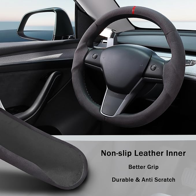 Steering Wheel Cover for 2017-2023 Tesla Model 3 2020-2024 Tesla Model Y, Suede Steering Wheel Cover for Tesla Model 3/Y Accessories, Black