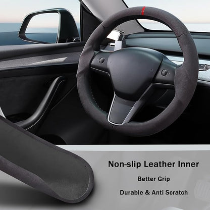 Steering Wheel Cover for 2017-2023 Tesla Model 3 2020-2024 Tesla Model Y, Suede Steering Wheel Cover for Tesla Model 3/Y Accessories, Black