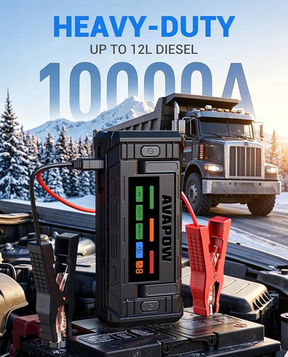 AVAPOW TJ68 10000A Battery Jump Starter Portable with 4" HD Display PD 65W Dual-Way Fast Charging,12V Jump Box, Car Battery Jump Starter for All Gas & Up to All Diesel Engines