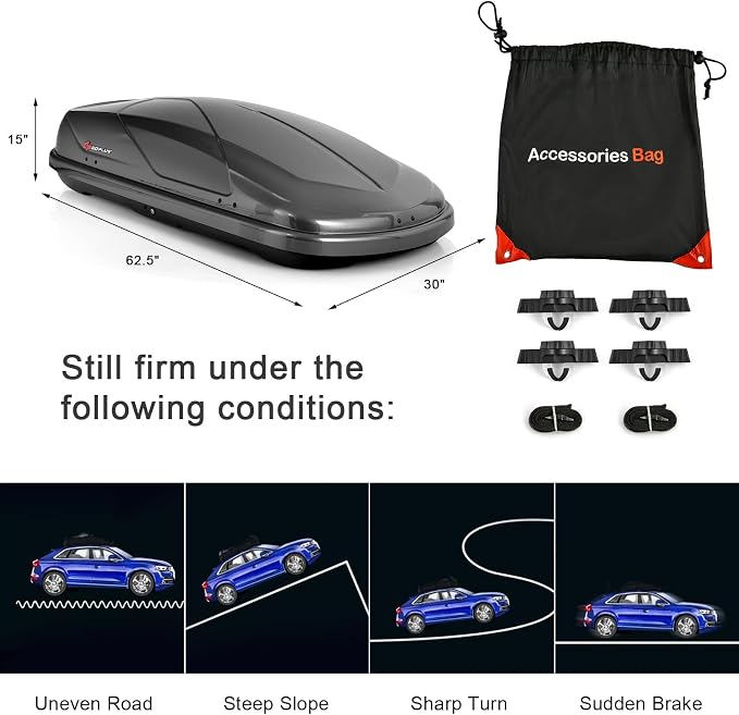 Goplus Rooftop Cargo Carrier Hard Shell, 14 Cubic Feet Waterproof Car Roof Cargo Carrier w/Dual Side Opening, Security Key, 165LBS Capacity, for 17” to 22.8” Wide Crossbar Rack, Vehicle Cargo Box