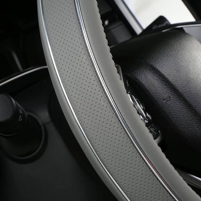ALEMODR Gray Leather Steering Wheel Cover Silver Fiber Strip Car Steering Wheel Cover Universal 15 inch for Men