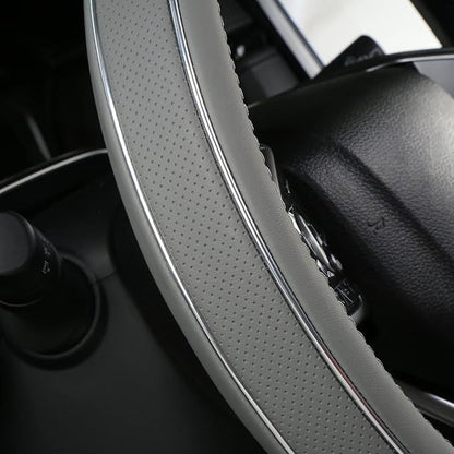 ALEMODR Gray Leather Steering Wheel Cover Silver Fiber Strip Car Steering Wheel Cover Universal 15 inch for Men