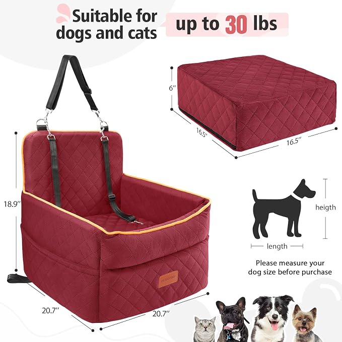 HEGGCOOE Dog Car Seat for Small Medium Dogs, Memory Foam Puppy Dog Booster Seat with Thick Cushion for Dogs Under 35lbs, Detachable Washable Pet Car Seat Travel Bed with Storage Pockets,2 Safety Belts