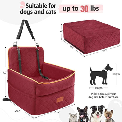 HEGGCOOE Dog Car Seat for Small Medium Dogs, Memory Foam Puppy Dog Booster Seat with Thick Cushion for Dogs Under 35lbs, Detachable Washable Pet Car Seat Travel Bed with Storage Pockets,2 Safety Belts