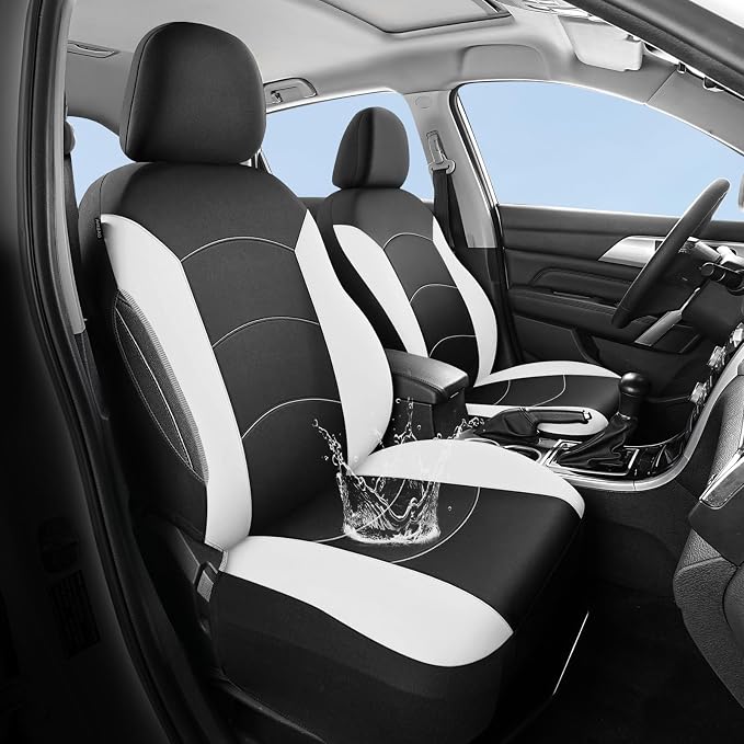 HChengkikz Car Seat Covers Front Seat, Waterproof Neoprene Car Seat Covers, Airbag Compatible, Universal Automotive Seat Covers for Most Cars, SUVs, Trucks (Black + White)