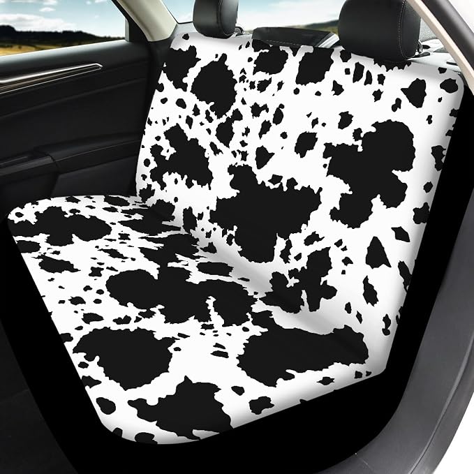 Cow Print Car Seat Covers Full Set,Rustic Spotted Milk Cow Fur Animal Skin Texture Black Cowhide Vehicle Front Rear Bench Cushion Protectors Auto Interior Accessories Universal Fit for Trucks