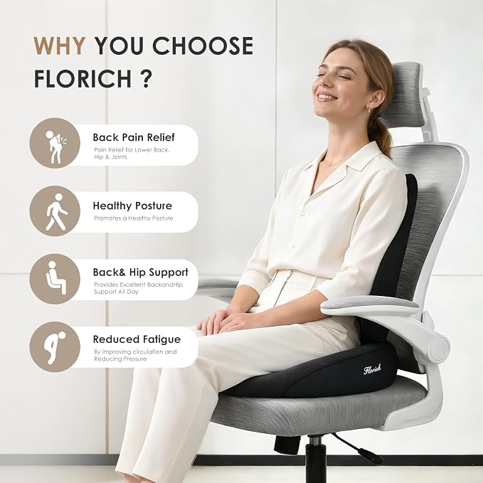 FLORICH Large Car Seat Cushion and Lumbar Support Pillow, Ergonomic Memory Foam Driving Seat Cushion for Back & Sciatica Pain Relief, Non-Slip Washable Seat Cushion for Car, Driver, Office-Black