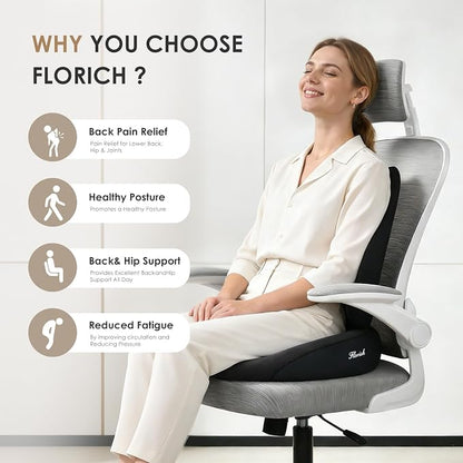 FLORICH Large Car Seat Cushion and Lumbar Support Pillow, Ergonomic Memory Foam Driving Seat Cushion for Back & Sciatica Pain Relief, Non-Slip Washable Seat Cushion for Car, Driver, Office-Black