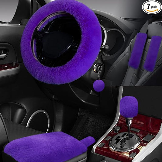7PCS Set car Interior Aesthetic Accessories, Fluffy 15 inch Steering Wheel Cover, armrest pad, seat Belt Cover,Gear Shift Cover, Fit Girly car Accessories for Women.